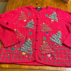 Segue Vintage Christmas Trees Red Cardigan Sweater medium ugly sweater